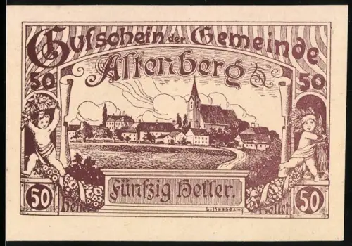 Notgeld Altenberg 1920, 50 Heller, Dorflandschaft mit Kirche und Putten