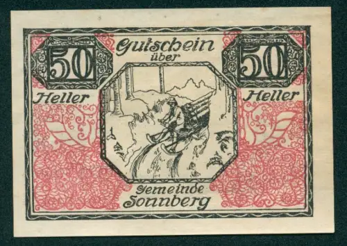 Notgeld Sonnberg 1920, 50 Heller, Holztransport im Gebirge mit Schlitten