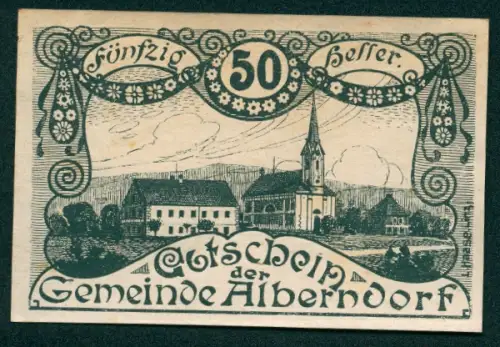 Notgeld Alberndorf 1920, 50 Heller, Landschaft mit Kirche und Gebäuden