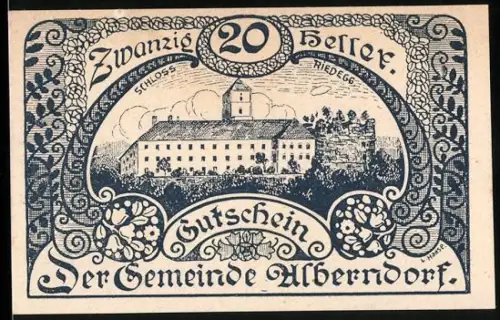 Notgeld Alberndorf 1920, 20 Heller, Schloss Riedegg und florales Muster