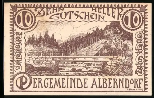 Notgeld Alberndorf 1920, 10 Heller, Brücke über Fluss mit Wald und Bergen im Hintergrund