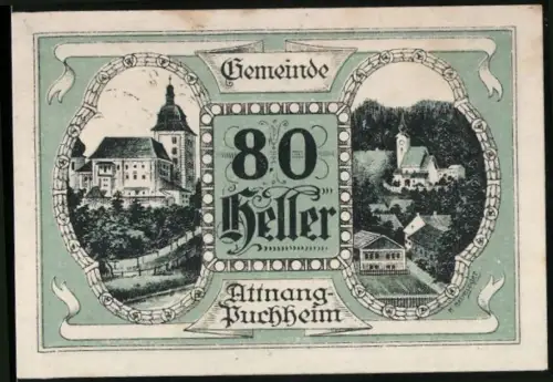 Notgeld Attnang-Puchheim 1920, 80 Heller, Schlossansicht und geflügelte Figur mit Lorbeerzweig