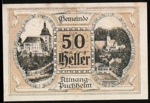 Notgeld Attnang-Puchheim 1920, 50 Heller, Stadtansichten und geflügelte Figur mit Lorbeerzweig