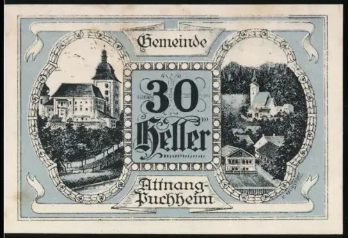 Notgeld Attnang-Puchheim 1920, 30 Heller, Gebäudeansichten und geflügelte Figur