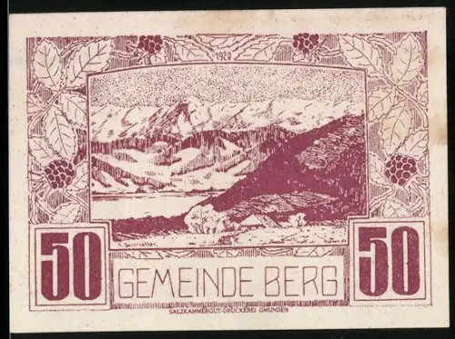 Notgeld Berg /Vöcklabruck 1920, 50, Blick von Berg auf Höllengebirge