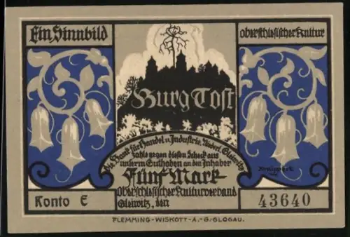 Notgeld Gleiwitz, 5 Mark, Burg Tost mit Blüten, Kirchturm im Wald