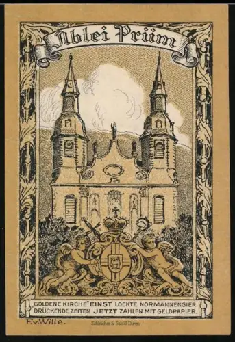 Notgeld Prüm 1920, 50 Pfennig, Abtei-Prüm-Motiv mit Wappen und Engeln
