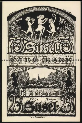 Notgeld Süsel 1920, 75 Pfennig, 25 Pf., 1 Mark, tanzende Kinder und ländliche Szenen