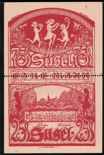 Notgeld Süsel 1920, 75 Pfennig, 25 Pf., tanzende Kinder und Landschaft mit Bauernhaus