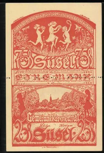 Notgeld Süsel 1920, 75 Pfennig, 25 Pf., Doppelschein, tanzende Kinder und ländliche Szenen mit Herz und Bauernhaus