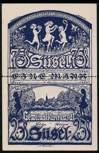 Notgeld Süsel 1920, 75 Pfennig, 25 Pf., tanzende Kinder und Landschaftsszene mit Haus und Herzmotiv