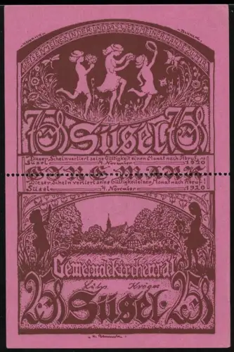 Notgeld Süsel 1920, 75 Pfennig, 25 Pf., Doppelschein, tanzende Kinder und Landschaftsszene