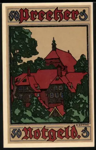 Notgeld Preetz in Holstein 1921, 50 Pfennig, Gebäudeansicht hinter Bäumen
