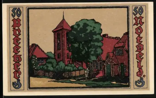 Notgeld Preetz in Holstein 1921, 50 Pfennig, Kirche und Häuser mit Baum, Wappen mit Fisch