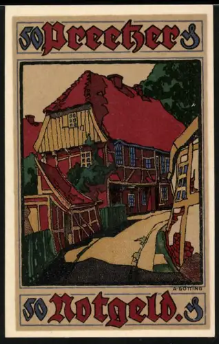 Notgeld Preetz in Holstein 1921, 50 Pfennig, malerische Fachwerkhäuser