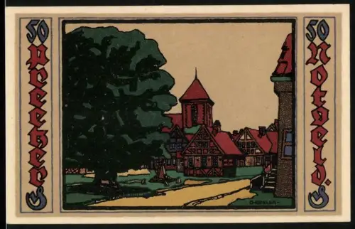 Notgeld Preetz in Holstein 1921, 50 Pfennig, Ortsansicht mit Fachwerkhäusern und Kirche, Wappen