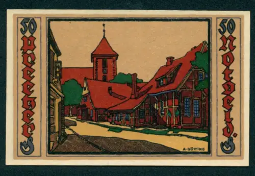 Notgeld Preetz in Holstein 1921, 50 Pfennig, malerische Ortsansicht und dekorativer Buchstabe mit Wappen