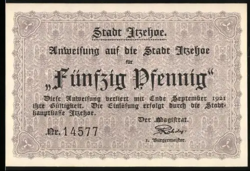 Notgeld Itzehoe 1921, 50 Pfennig, historische Wallenstein-Eiche und Landschaftsmotiv