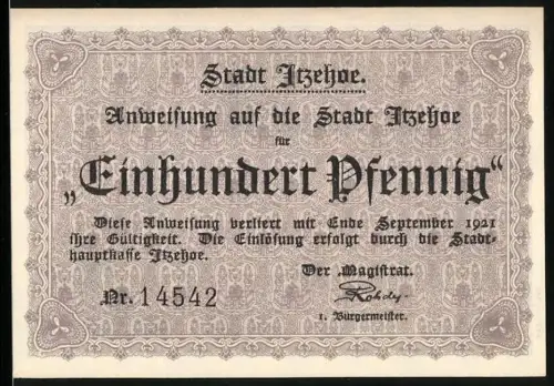 Notgeld Itzehoe 1921, 100 Pfennig, Ortsansicht und Karl der Grosse Statue