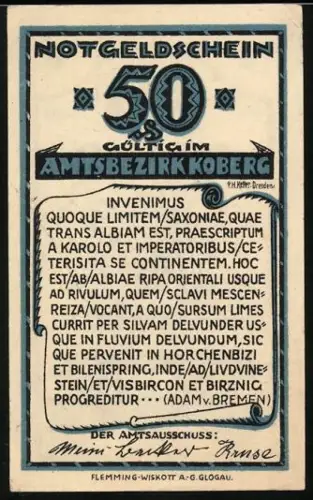 Notgeld Koberg, 50 Pfennig, lateinischer Text und Grundriss der Silkenburg