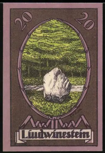 Notgeld Koberg, 20 Pf., Landschaft mit Felsen im Wald