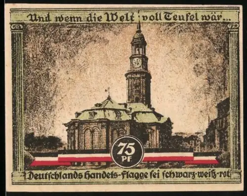 Notgeld Hamburg 1921, 75 Pf, St. Michaelis Kirche und Figur mit Säule, Kultur- und Sportwoche