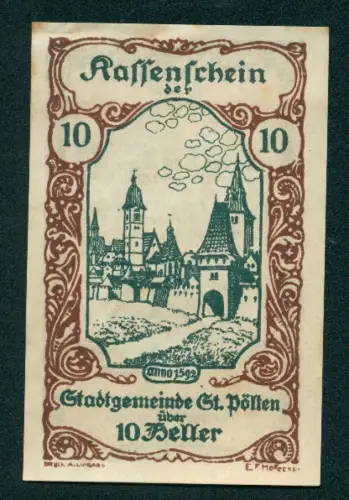 Notgeld St. Pölten 1920, 10 Heller, Ortsansicht mit Türmen und Tor, Wappen oben