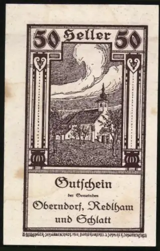Notgeld Oberndorf /Vöcklabruck, 50 Heller, Kirche vor Wolkenhimmel