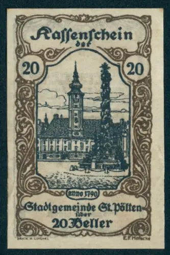 Notgeld St. Pölten 1920, 20 Heller, Ortsansicht mit Denkmal und Verzierung