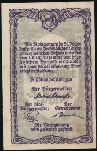 Notgeld St. Pölten 1920, 50 Heller, Industrielandschaft mit Schornsteinen und Türmen, Wappen oben