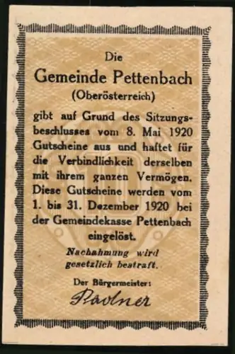 Notgeld Pettenbach /O.-Ö. 1920, 10 Heller, Seisenburg-Motiv mit Landschaft und floralen Verzierungen