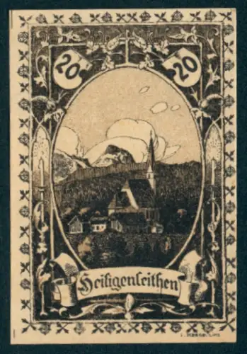 Notgeld Pettenbach /O. Ö. 1920, 20 Heller, Landschaftspanorama mit Kirche und Bergen