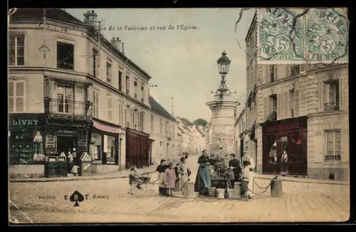 AK Livry, Place de la Fontaine et rue de l`Eglise