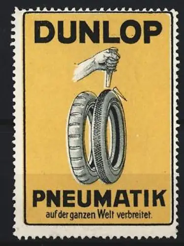 Reklamemarke Dunlop Pneumatik, Hand mit gebrochenem Dolch und Reifen