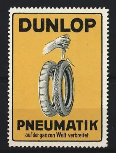 Reklamemarke Dunlop Pneumatik, Hand mit gebrochenem Dolch und Reifen