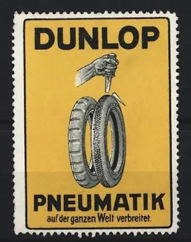 Reklamemarke Dunlop Pneumatik, Hand mit gebrochenem Dolch und Reifen