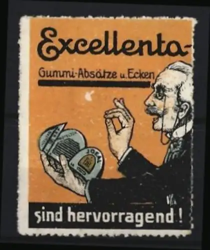 Reklamemarke Excellenta Gummi-Absätze, Mann mit Brille und Absätzen