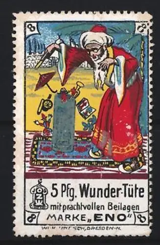 Reklamemarke 5-Pfennig Wunder-Tüte, Zauberer mit Kiste