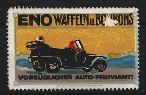 Reklamemarke ENO Waffeln u. Bonbons, Vorzüglicher Auto-Proviant, Auto mit Insassen
