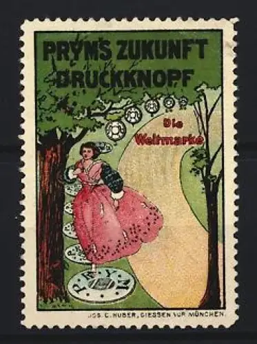 Reklamemarke Prym`s Zukunft Druckknopf, Frau im Wald