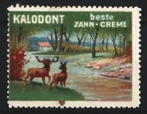 Reklamemarke Kalodont beste Zahn-Creme, Hirsche am Flussufer