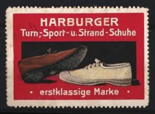 Reklamemarke Harburger, Turn-, Sport- u. Strand-Schuhe, erstklassige Marke, Schuhe