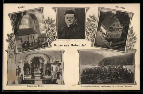 AK Brunnen, Gruss aus Hohenried, Kirche, Inneres der Kirche, Pfarrhaus