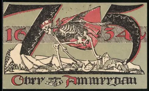 Notgeld Oberammergau 1921, 75 Pf, Skelett eines mit Krone und Berge im Hintergrund