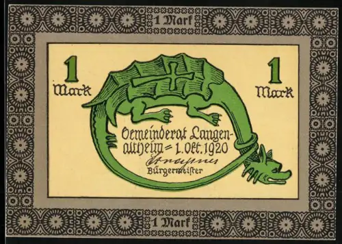 Notgeld Langenaltheim 1920, 1 Mark, grüner Drache und fossile Funde in Bayern