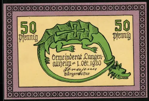 Notgeld Langenaltheim 1920, 50 Pfennig, grüner Drache und Landschaft mit Fossilien in Bayern