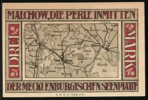 Notgeld Malchow i. M., 3 Mark, Karte der Mecklenburgischen Seenplatte und Stadtwappen