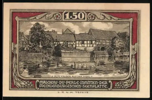 Notgeld Malchow i. M., 1.50 Mark, alte Häuser auf der Insel, Wappen mit Turm und Hirsch