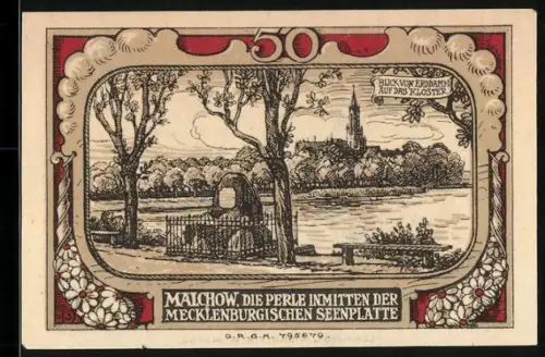 Notgeld Malchow i. M., 50 Pfennig, Landschaft mit Kloster und Wappen von Malchow