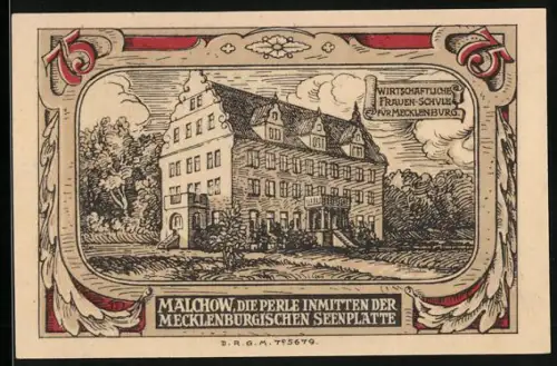 Notgeld Malchow i. M., 75 Pfennig, Wirtschaftliche Frauenschule und Wappen der Stadt